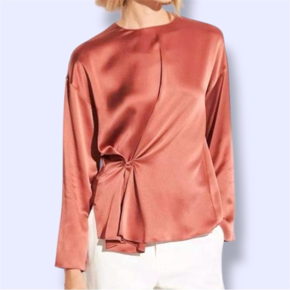VINCE Knot Front Long Sleeve Silk Blouse In Rosewood